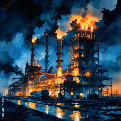 Night scene of steel factory – watercolor with glowing lights and dramatic mood