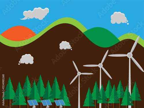 Environmental concerns and use of clean green energy from renewable sources and low carbon concepts, Wind power plants or turbine farms and solar cell panels, Power generation industry with mountain 