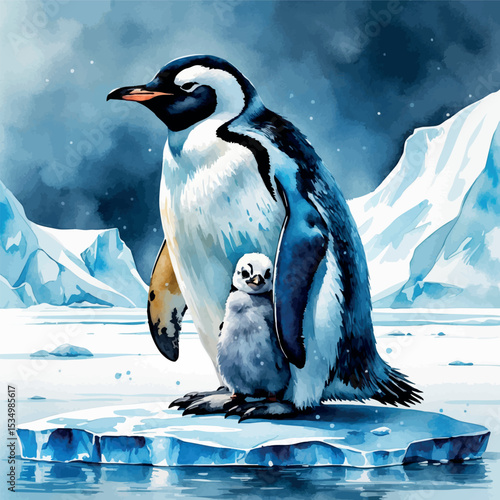 Watercolor penguin with chick. Cold tones icy environment detailed animal painting.