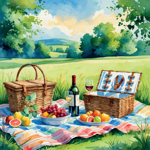 Watercolor picnic illustration – summer vacation leisure in nature