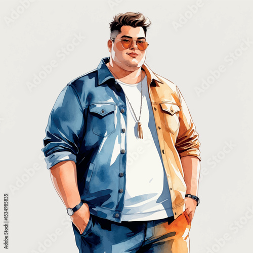 Watercolor fashion illustration of stylish plus size man. Body positive male portrait in casual outfit isolated on white background.