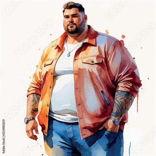 Watercolor fashion illustration of stylish plus size man. Body positive male portrait in casual outfit isolated on white background.