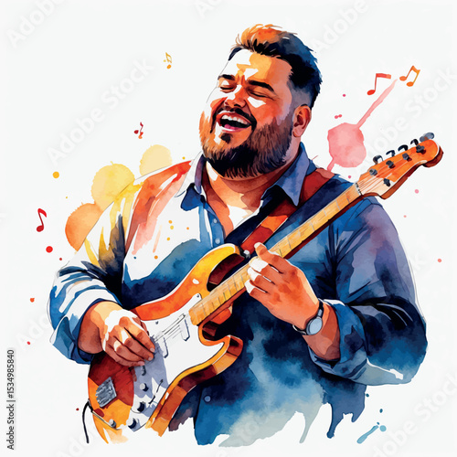 Watercolor illustration of plus size man playing musical instrument. Passionate artistic hobby concept isolated on white background.