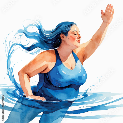 Watercolor illustration of plus size person swimming. Body positive aquatic fitness with fluid blue brushstrokes isolated on white background.