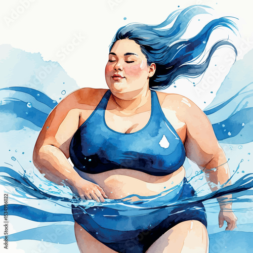 Watercolor illustration of plus size person swimming. Body positive aquatic fitness with fluid blue brushstrokes isolated on white background.