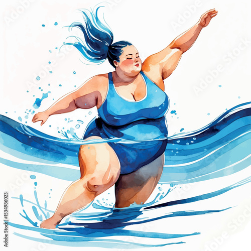 Watercolor illustration of plus size person swimming. Body positive aquatic fitness with fluid blue brushstrokes isolated on white background.