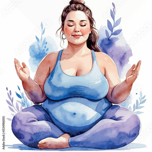 Watercolor illustration of plus size woman practicing yoga. Body acceptance and wellness concept isolated on white background.