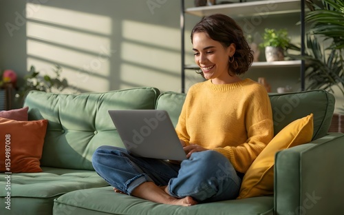 Happy young woman working on a laptop while relaxing on a cozy couch at home