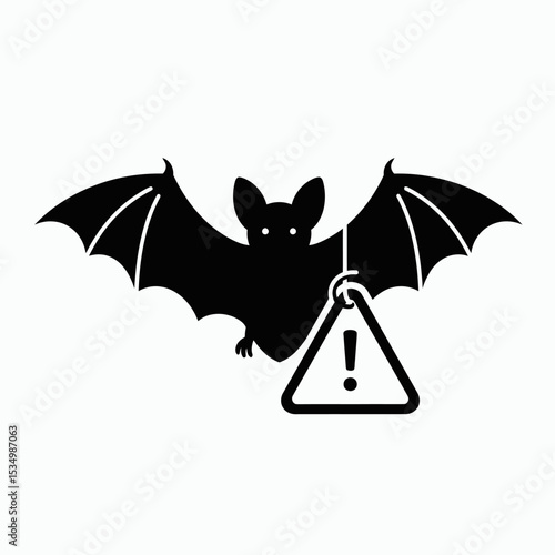 Black bat with spread wings  a warning sign hanging from it in silhouette