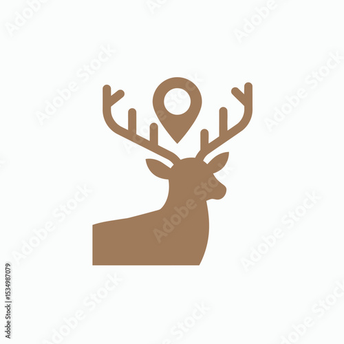 Brown deer icon with location marker between antlers on a white background