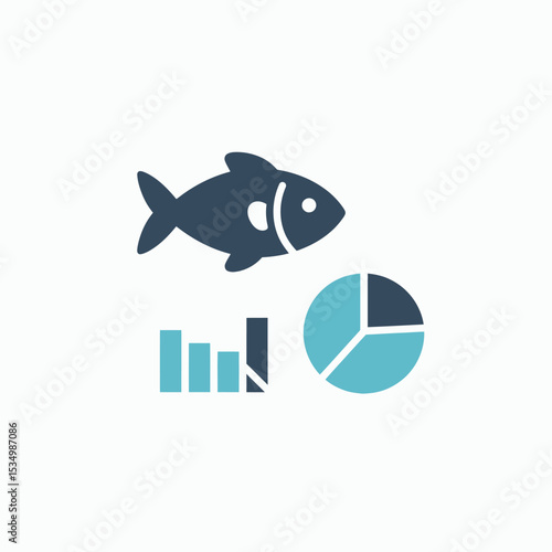 Fish graphic atop data charts Pie graph bar graph with varied segments