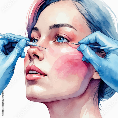 Watercolor vector of side profile botox treatment near eye area