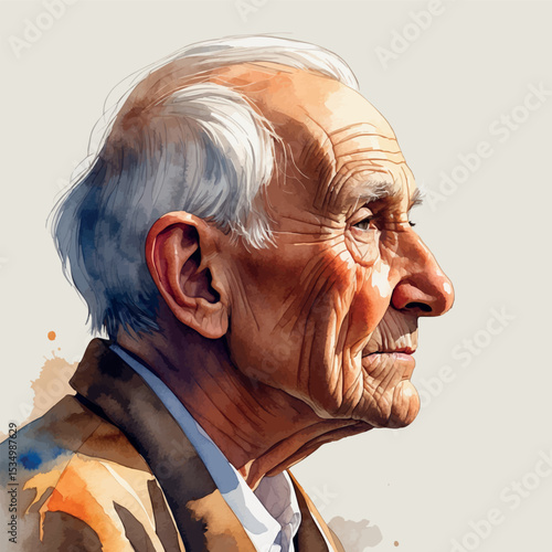 Watercolor side-profile of elderly person in warm tones expressive aged features
