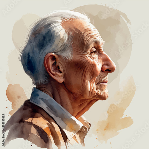 Watercolor side-profile of elderly person in warm tones expressive aged features