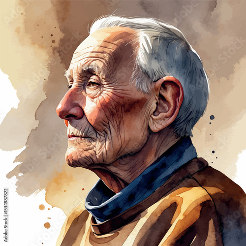 Watercolor side-profile of elderly person in warm tones expressive aged features