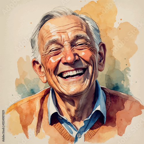 Watercolor laughing elderly man with kind eyes emotional portrait illustration