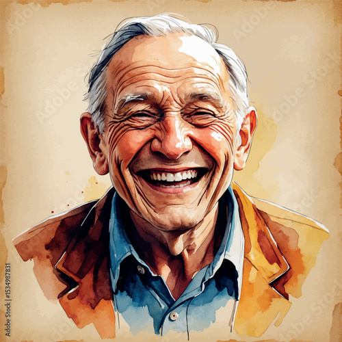 Watercolor laughing elderly man with kind eyes emotional portrait illustration