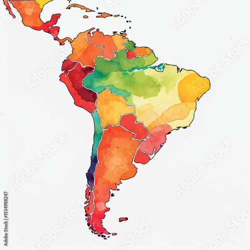 Watercolor map of Latin America. Stylized vector illustration with warm tones and brush texture isolated on white
