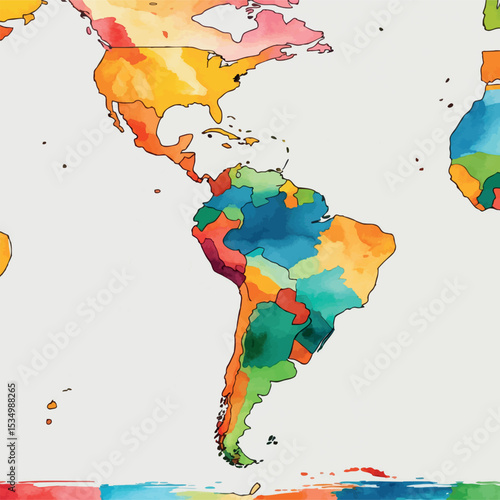 Watercolor map of Latin America. Stylized vector illustration with warm tones and brush texture isolated on white