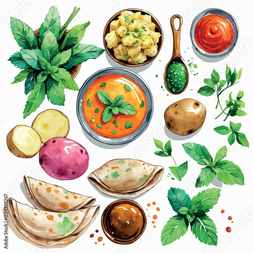Pani puri ingredients in watercolor vector. Spicy water puri shells and chutneys isolated on white