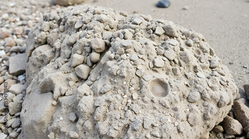 A closeup of a well weathered conglomerate rock on a beach. The rock is rounded and worn, and is composed many smaller rocks.