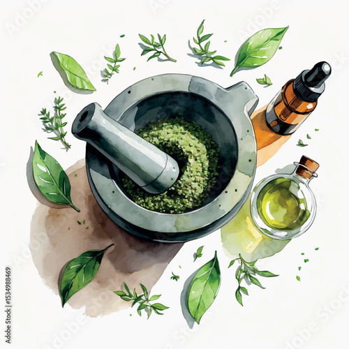 Watercolor vector of natural herbal skincare set with green tea and mortar