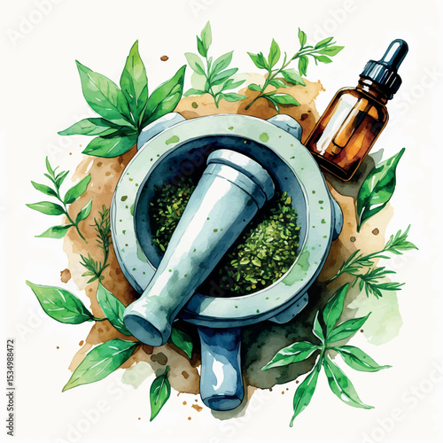 Watercolor vector of natural herbal skincare set with green tea and mortar