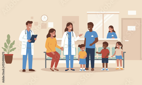 Flat design illustration of different families and children interacting with doctors and nurses in a clinic or hospital waiting room, suitable for children's health brochures, educational materials