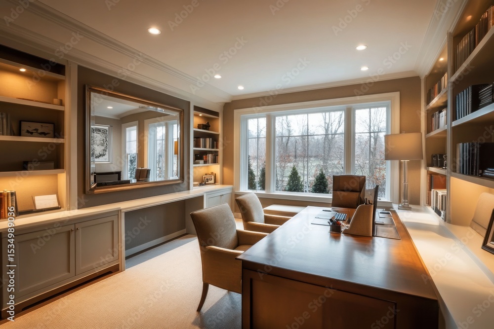 Spacious and sophisticated home office with custom built-in bookcases, work surface, armchairs, and a view of the outdoors Spacious and sophisticated home office with custom built-in bookcases, work surface, armchairs, and a view of the outdoors