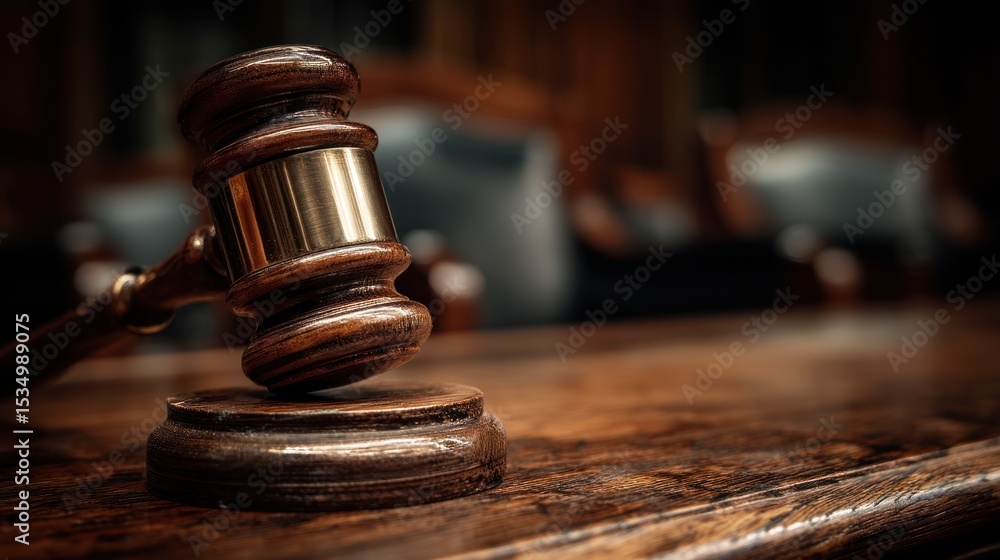 Wooden gavel resting on judge’s bench in courtroom Wooden gavel resting on judge’s bench in courtroom