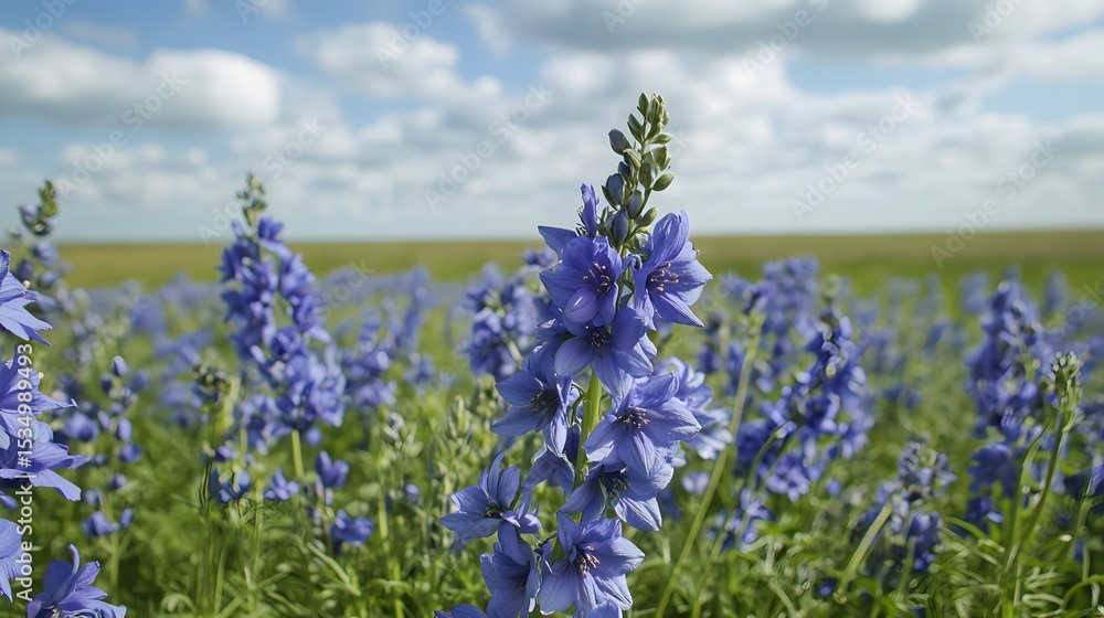 Obraz premium Vibrant blue wildflowers blanket a field under a partly cloudy sky.