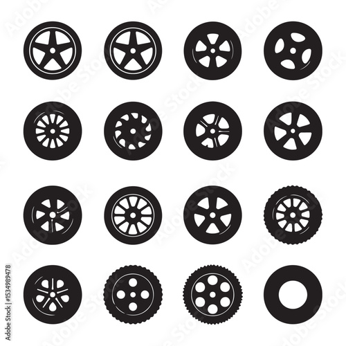Wheel tires vector icon set. Black outline and flat car rubber wheels.