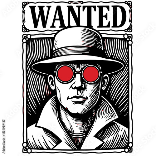 Wanted Poster Line Art with Red Monocle - Hollywood Villain Minimalist Vector Illustration