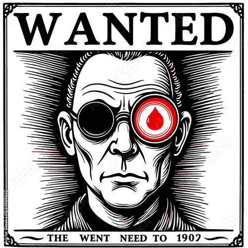 Wanted Poster Line Art with Red Monocle - Hollywood Villain Minimalist Vector Illustration