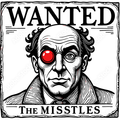 Wanted Poster Line Art with Red Monocle - Hollywood Villain Minimalist Vector Illustration