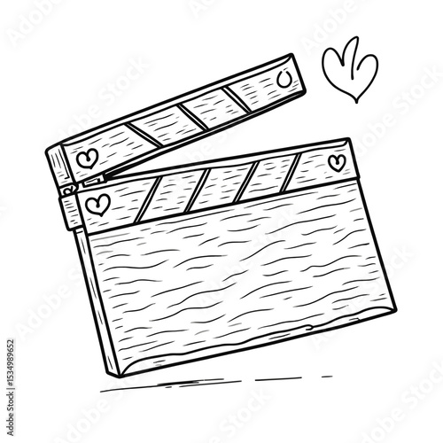 Minimalist Clapperboard Line Art with Red Heart Hinges - Hollywood Film Production Vector Illustration