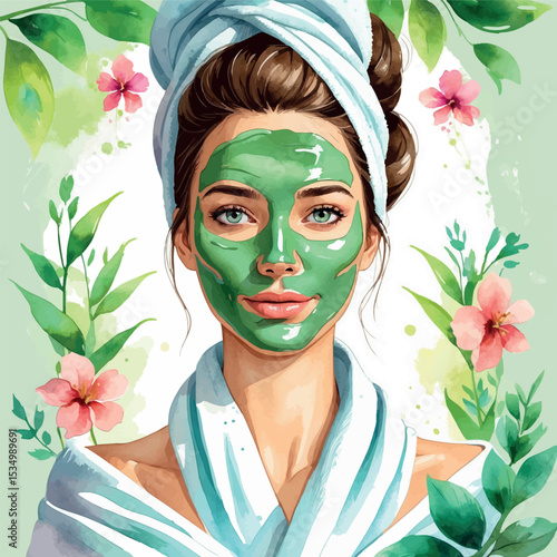 Woman with green clay facial mask – watercolor spa beauty vector illustration