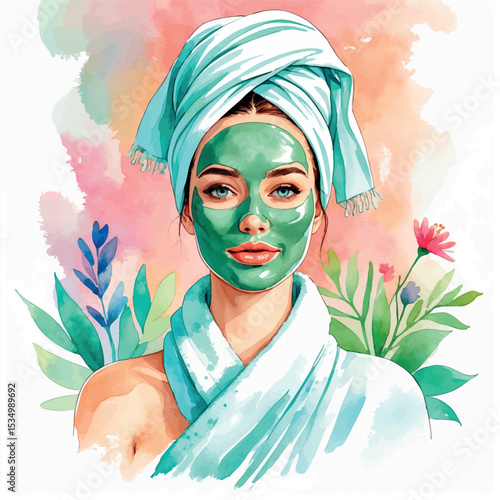 Woman with green clay facial mask – watercolor spa beauty vector illustration