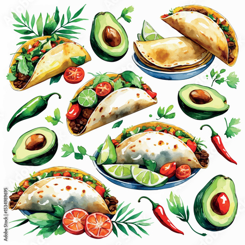 Latin American food watercolor vector. Tacos empanadas avocado and chili peppers isolated on white