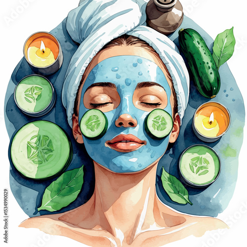 Relaxing facial mask scene – watercolor spa vector with cucumber and aromatherapy