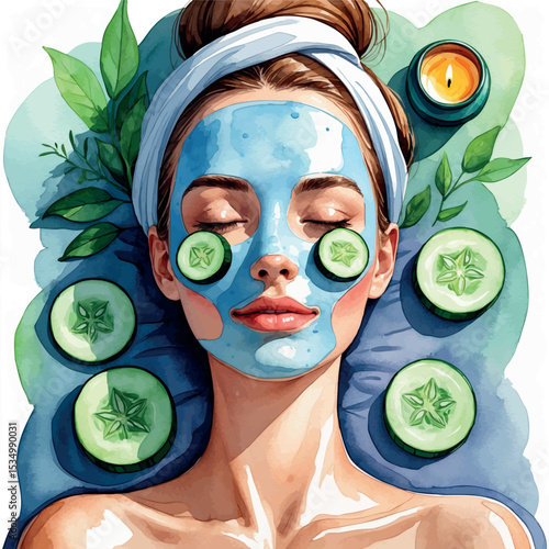 Relaxing facial mask scene – watercolor spa vector with cucumber and aromatherapy