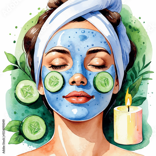 Relaxing facial mask scene – watercolor spa vector with cucumber and aromatherapy