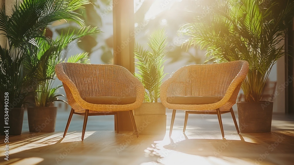 Obraz premium Two wicker chairs in a sunlit patio