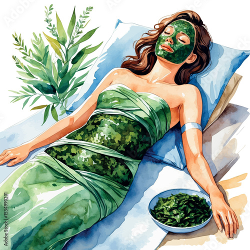 Watercolor vector of body wrap spa treatment with natural seaweed mask