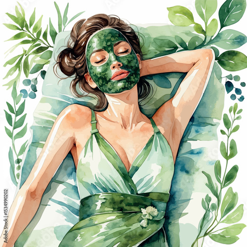 Watercolor vector of body wrap spa treatment with natural seaweed mask
