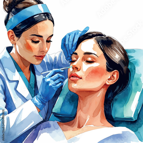 Watercolor vector of cosmetologist injecting botox into woman's forehead in spa