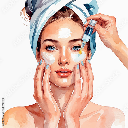 Watercolor skincare vector with hands applying facial serum to woman’s face