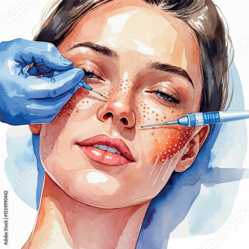 Watercolor vector of mesotherapy face treatment using microneedles