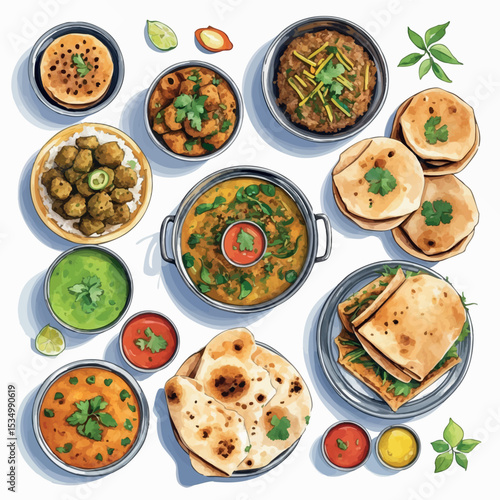 Set of Indian street foods in watercolor. Pani puri pav bhaji and vada pav isolated vector on white