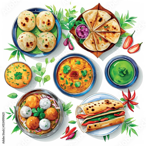 Set of Indian street foods in watercolor. Pani puri pav bhaji and vada pav isolated vector on white